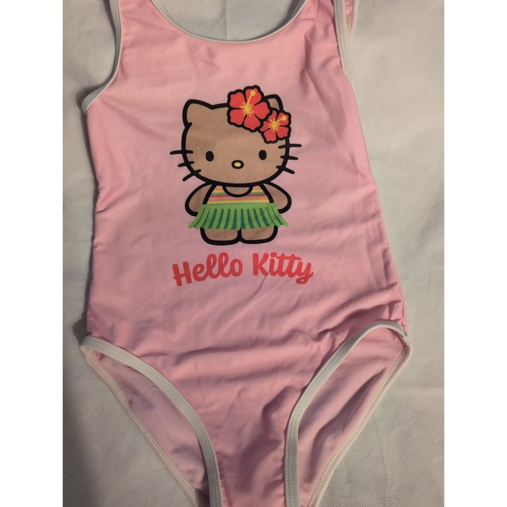 Hello Kitty Pink Girls 7/8 One-Piece Swimsuit With Hawaiian Design
